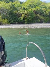 A group of children enjoys a fun day swimming in clear waters, surrounded by lush greenery — a perfect beach adventure.