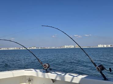 Fishing rods are set up on the edge of a boat, ready for a day of fishing in calm waters, with a scenic coastal backdrop.
