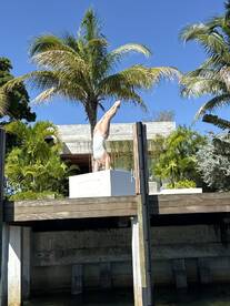 An unclear image featuring a statue or structure near a waterfront, surrounded by palm trees. The focus is ambiguous, making it difficult to determine the main subject.