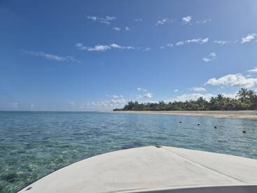 A serene view from the bow of a boat looking towards a beautiful beach lined with palm trees, showcasing the clear waters and sunny skies — perfect for a day of relaxation on the water.