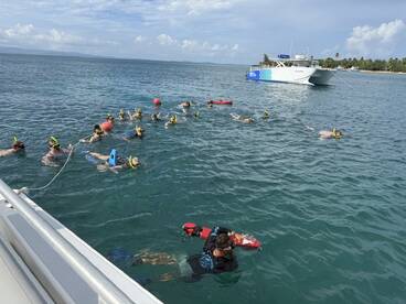 A lively group enjoys snorkeling in clear waters, with a boat anchored nearby, making for an exciting underwater adventure.