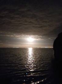 A serene night scene featuring moonlight reflecting on the water, with a silhouette of a person enjoying the tranquil atmosphere — perfect for romantic evenings or peaceful boat rides.